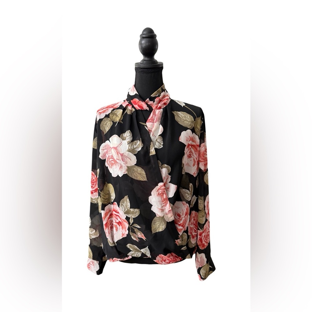 Soho Black Peekaboo Wrap Blouse with Pink and Green Floral Design